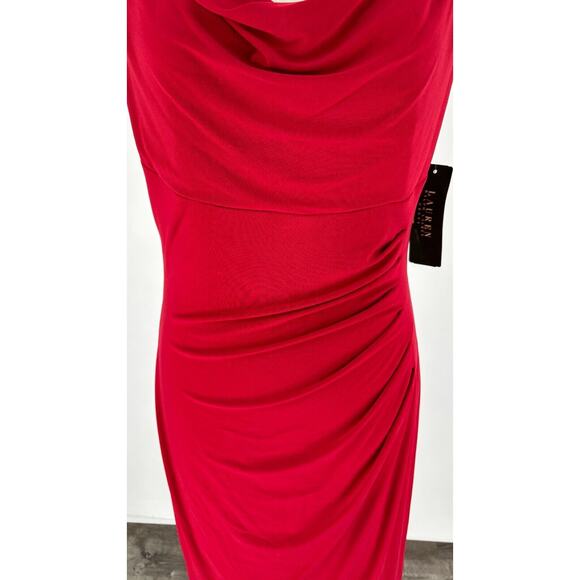 Lauren Ralph Lauren Womens Red Cowl Neck Sheath Dress Ruched Side Size 8 NWT - Picture 7 of 13